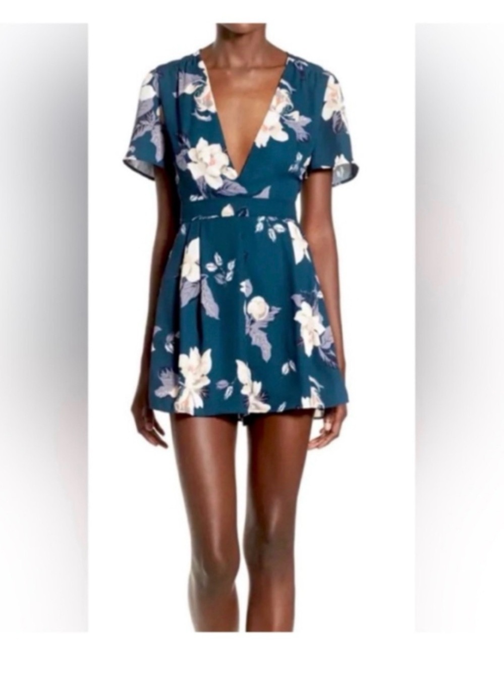 ASTR The Label Teal Floral Print Romper Shorts- Size Small